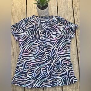 Women's Blue Zebra print Scrub Top, Size Medium